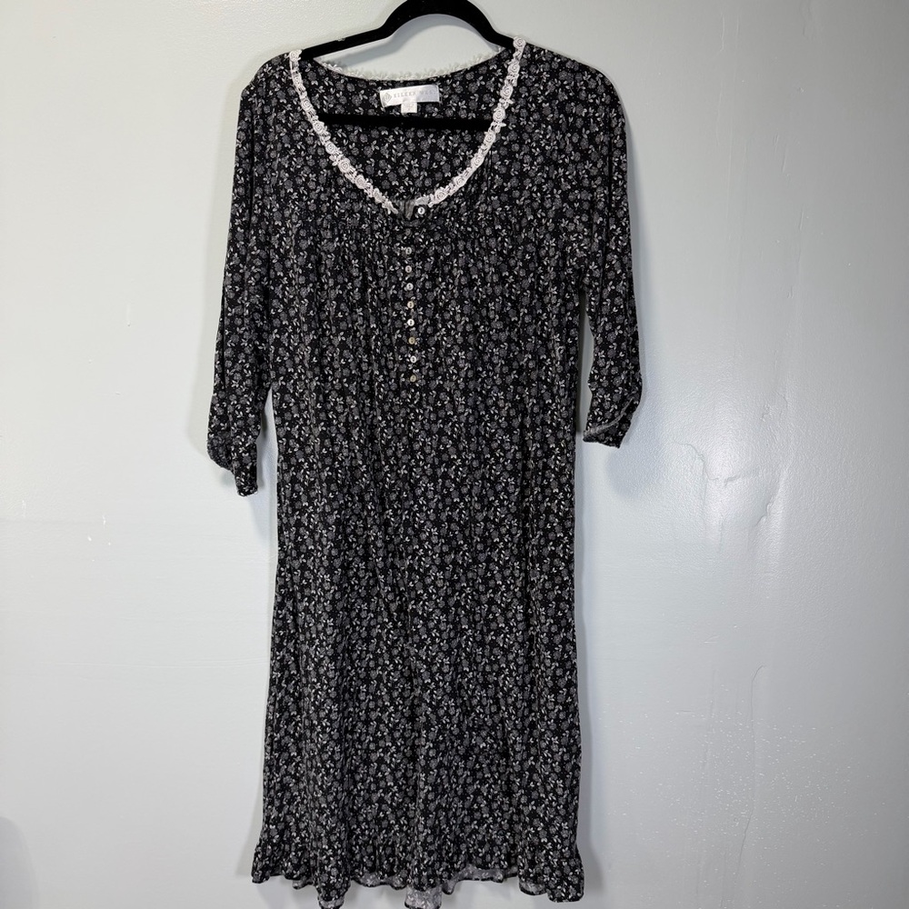 Eileen West Black Floral Modal Lace Trim Nightgown Small